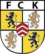 Wappen FC Keldenich Wappen von FCK mit vier Feldern und zwei Löwen in Schwarz und Gold sowie einer roten Welle.
