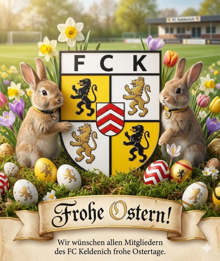 Frohe Ostern FC Keldenich Hasen umgeben von Ostereiern und dem Wappen des FC Kölln, mit Ostergrüßen.