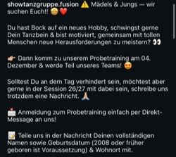 Text Ein Aufruf zur Anmeldung für ein Probeworkshop der Tanzgruppe für Mädchen und Jungen.